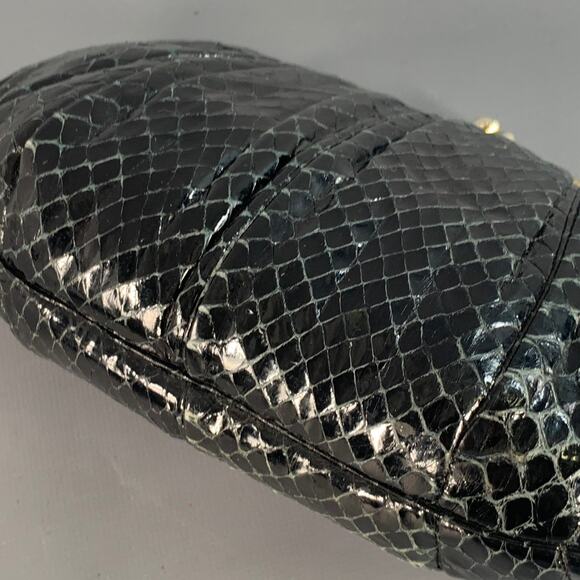 Vintage Black Gold Tone Snakeskin Leather Kiss Lock Evening Handbag - Picture 9 of 10